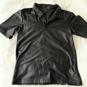 Men's Black Faux Leather Polo Shirt
